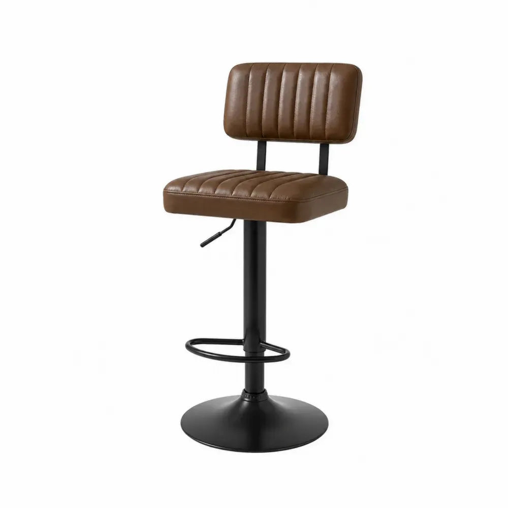 Taburete de bar ajustable de cuero sintético marrón con base de metal negro