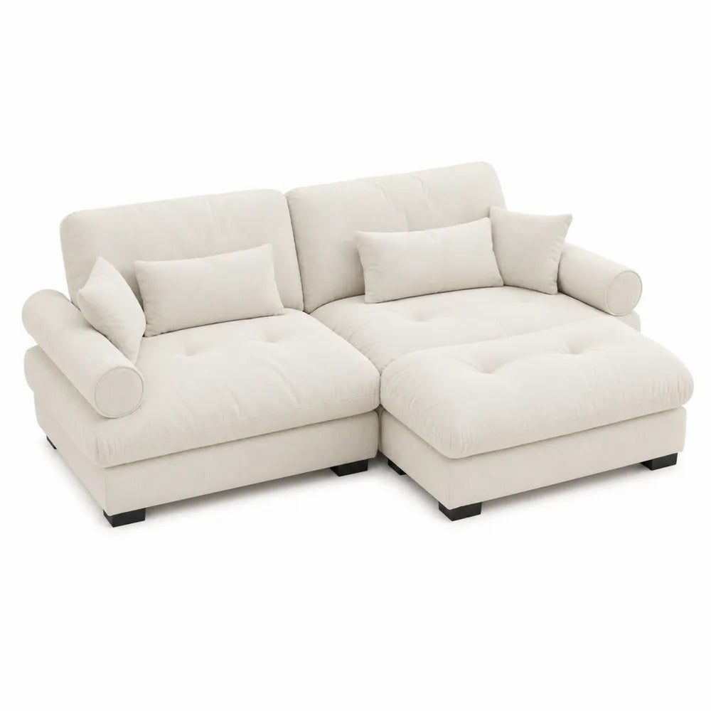 Sofá Chaise Longue de Tela Beige con Cojines de Poliéster