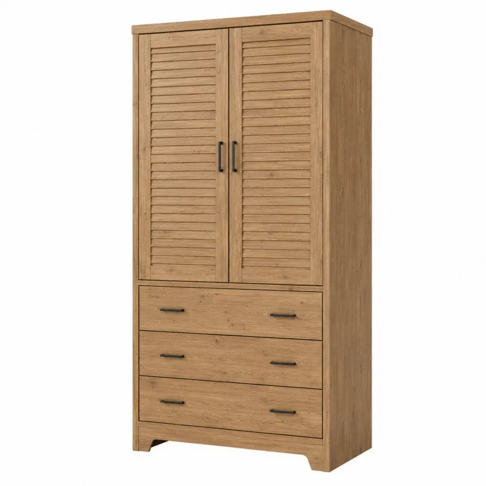 Armario de madera de roble con puertas tipo persiana y tres cajones