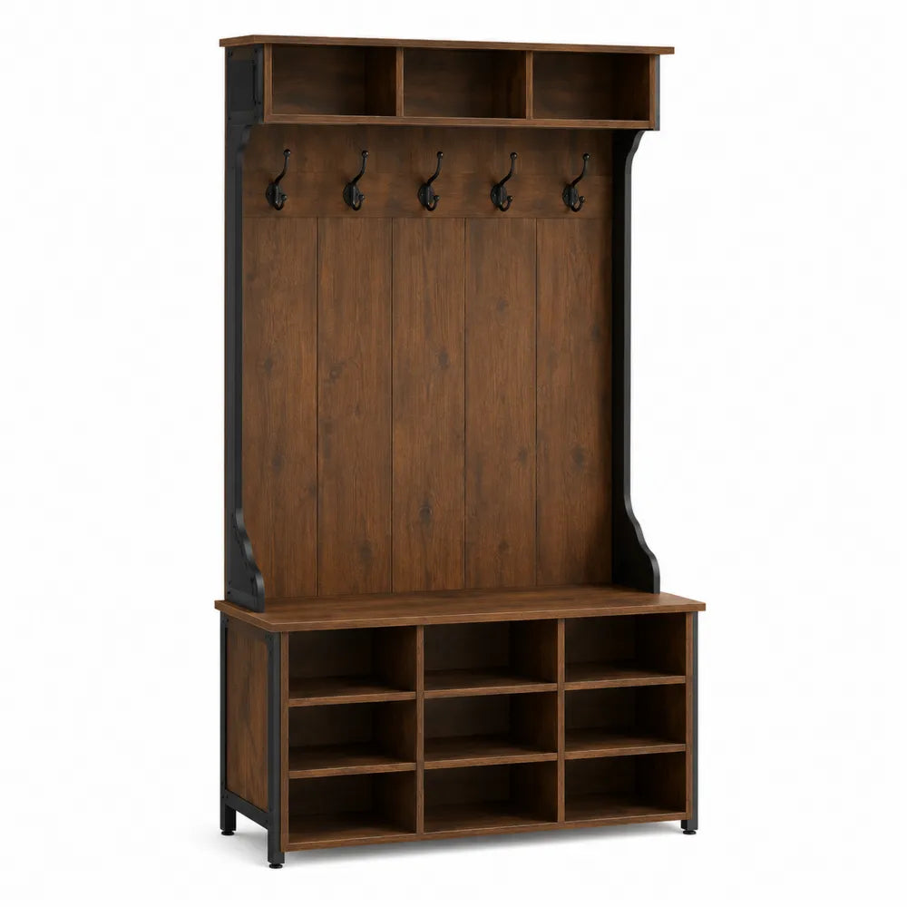 Perchero de madera y metal con banco, marrón y negro 180x100x40 cm
