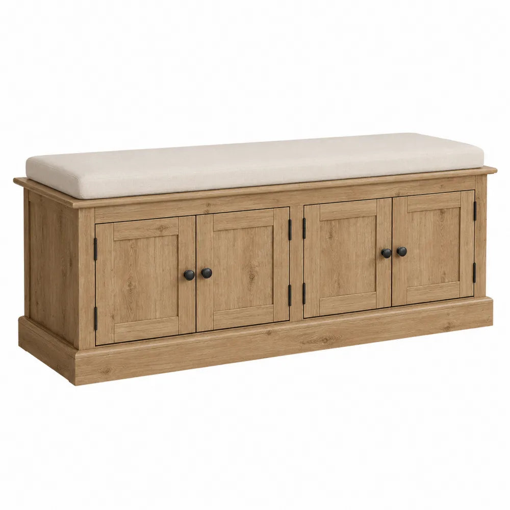 Banco de almacenamiento de madera de roble con cojín de poliéster beige