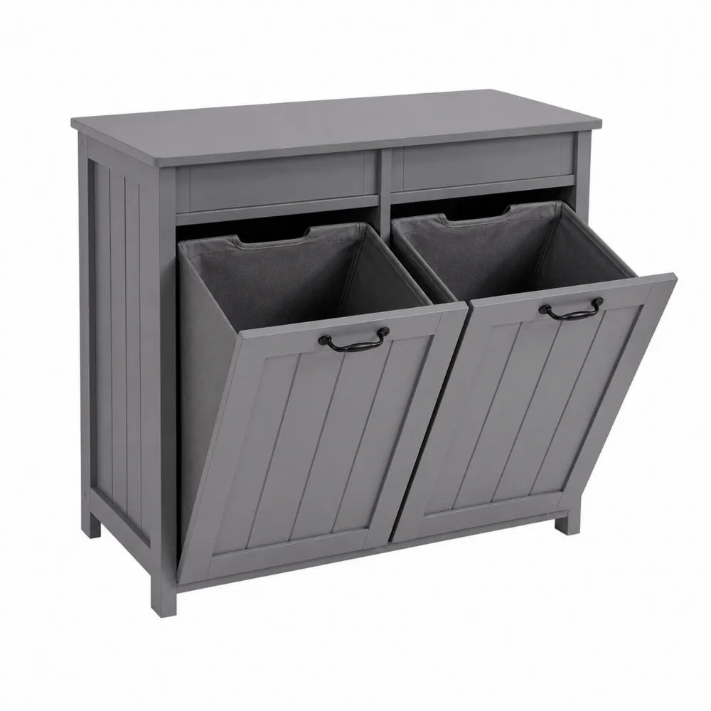 Contenedor de reciclaje doble madera gris con asas metálicas