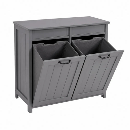 Contenedor de reciclaje doble madera gris con asas metálicas