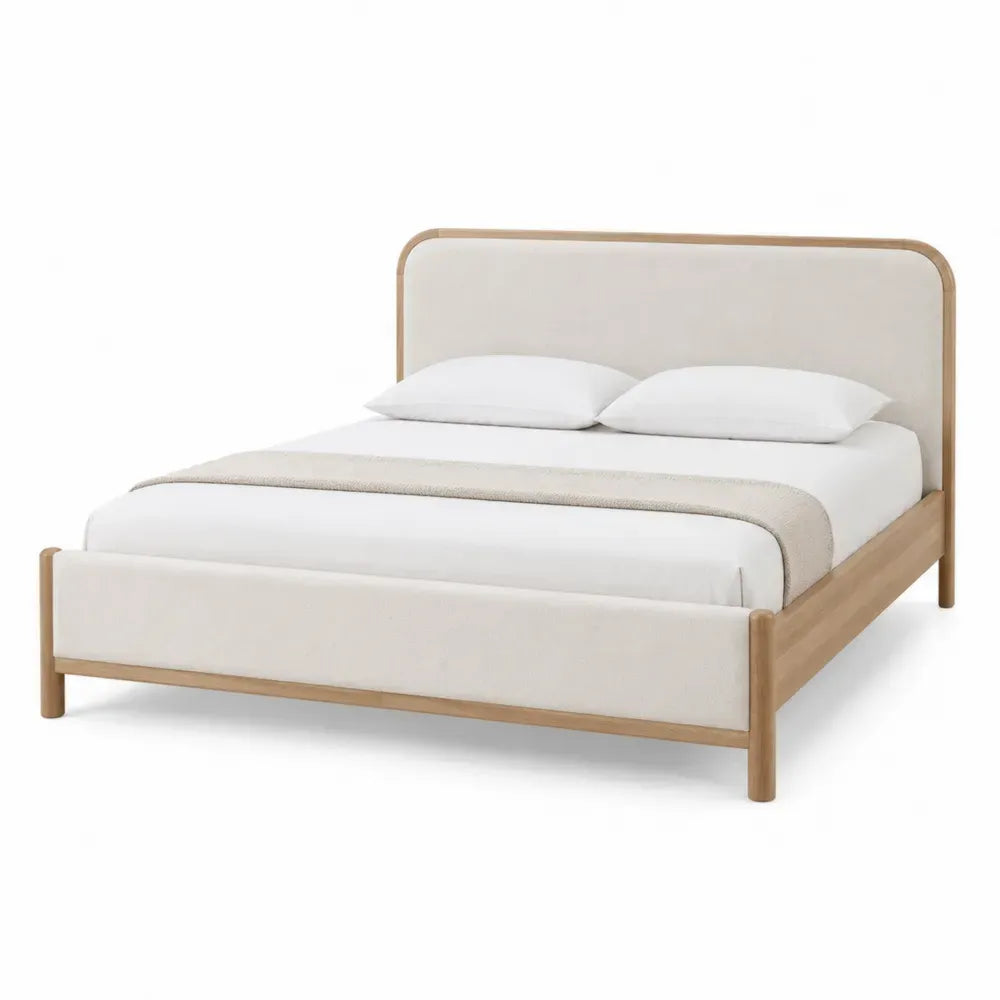 Cama doble de roble y tela beige 200x160 cm