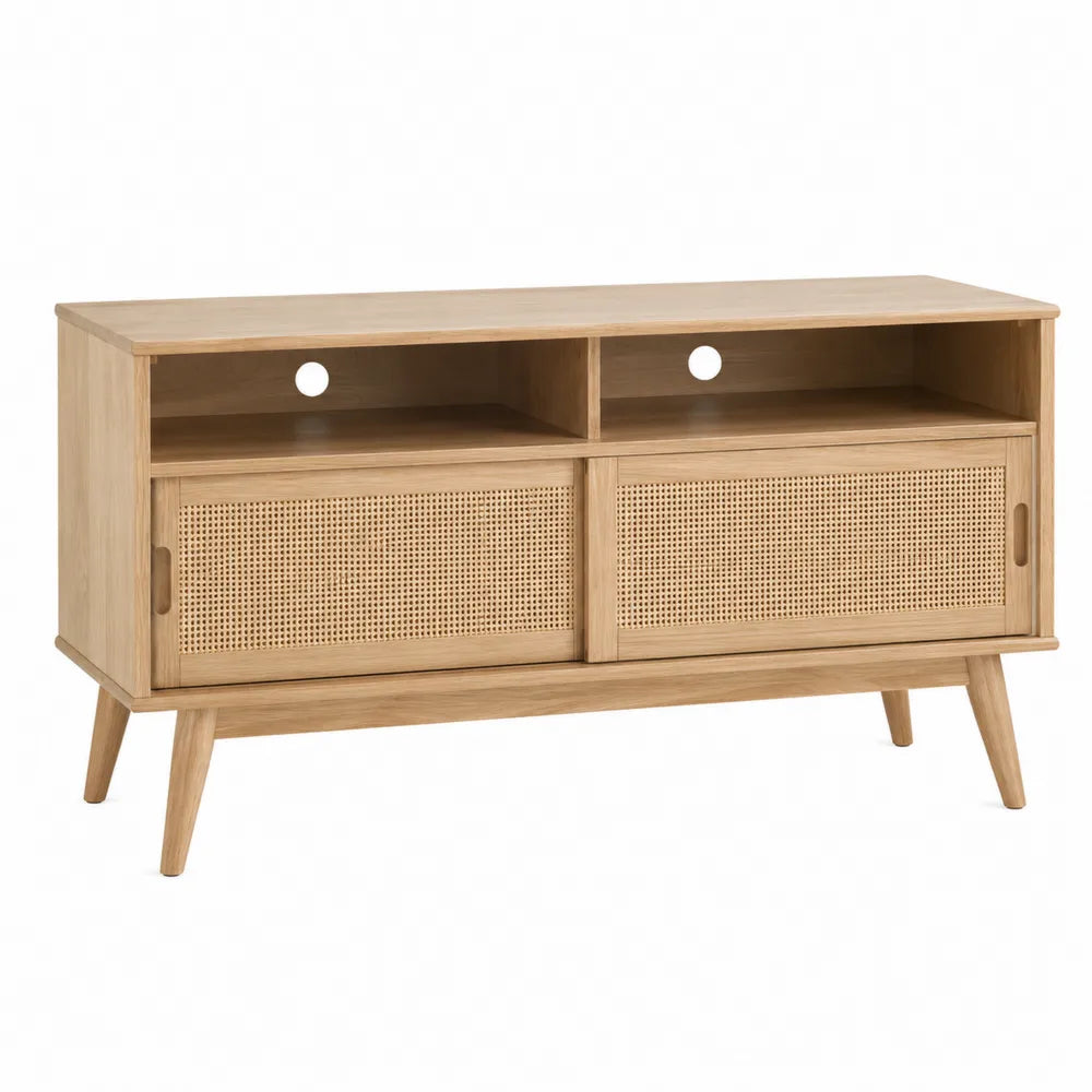 Mueble de TV de madera de roble y ratán 120x40x60 cm