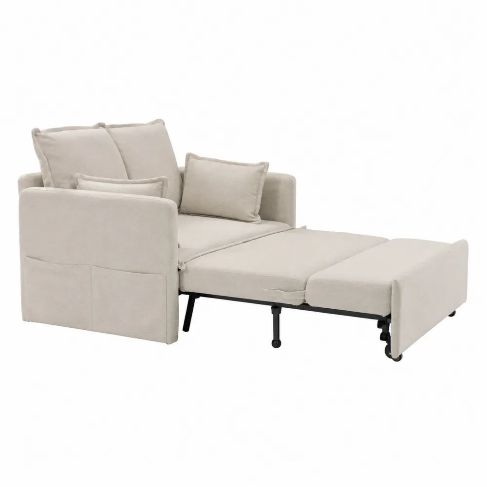 Sofá cama de lino beige con estructura metálica