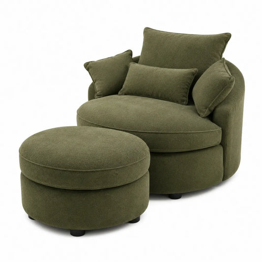 Sillón y Puf Redondos de Tela de Poliéster Verde