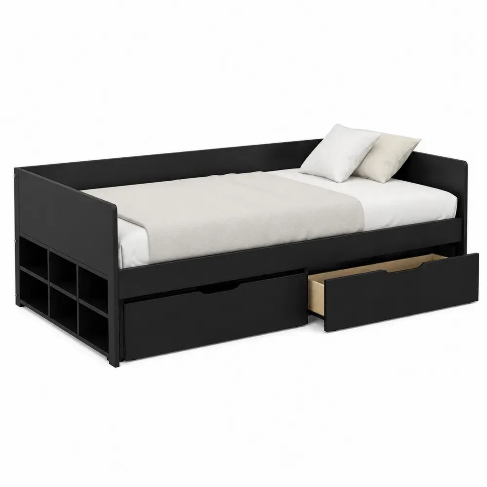 Cama nido negra con cajones y estantes laterales de madera