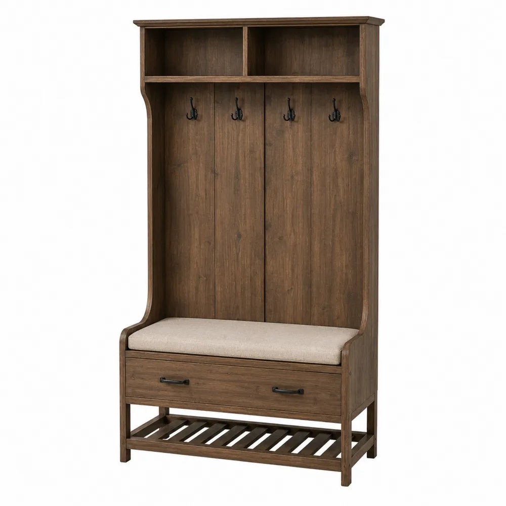 Perchero de madera con banco tapizado beige