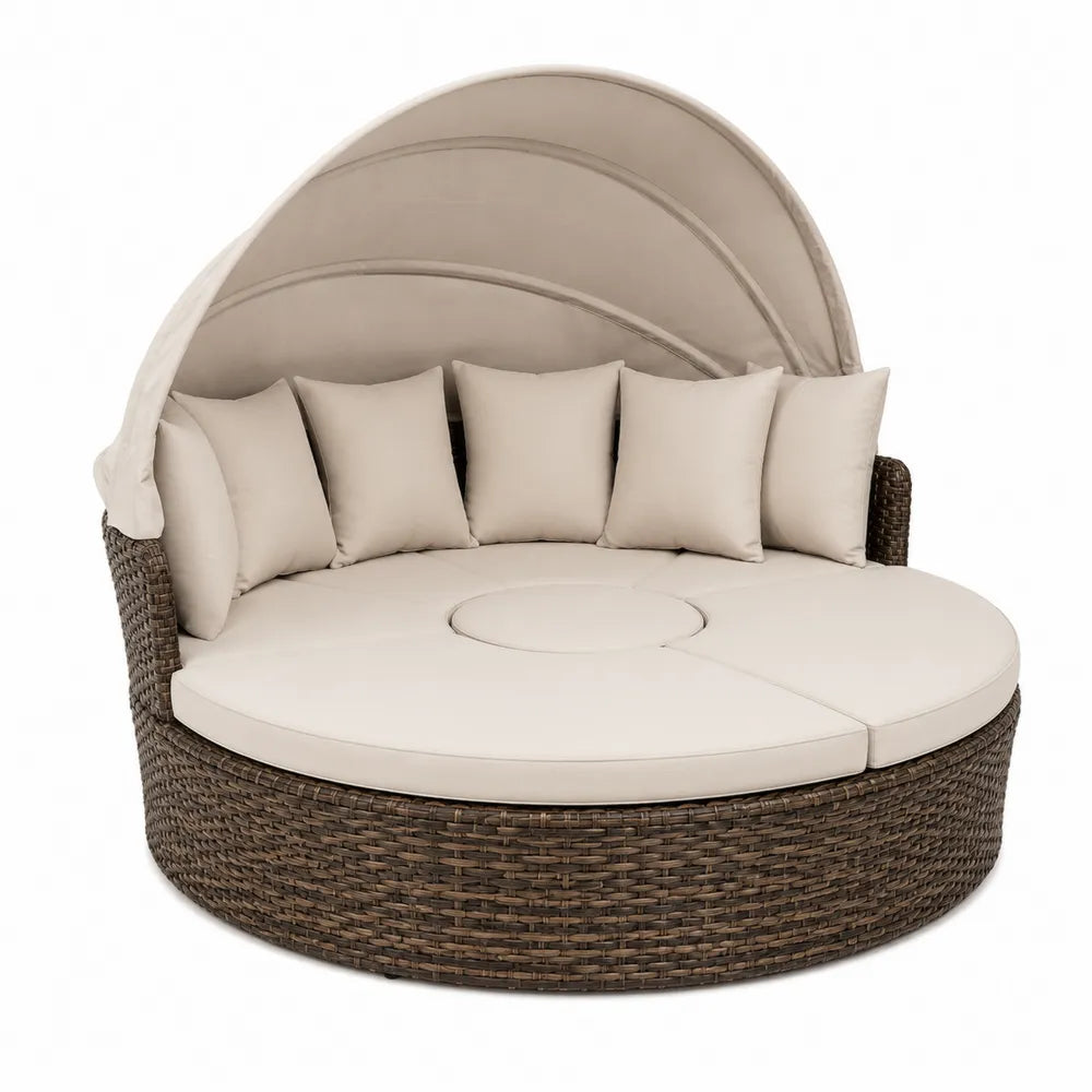 Cama de día redonda de ratán sintético con cojines y dosel beige