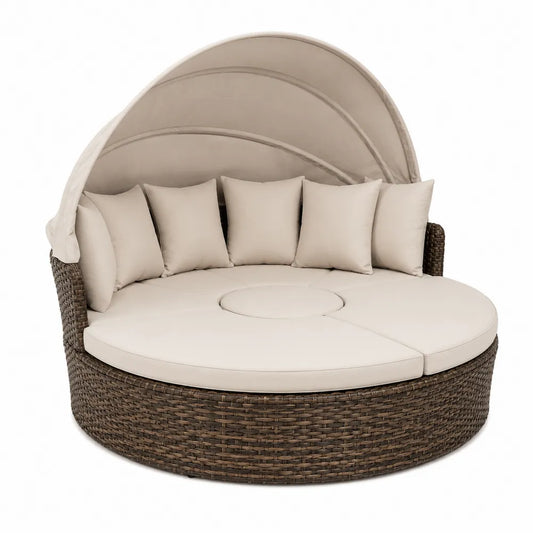 Cama de día redonda de ratán sintético con cojines y dosel beige