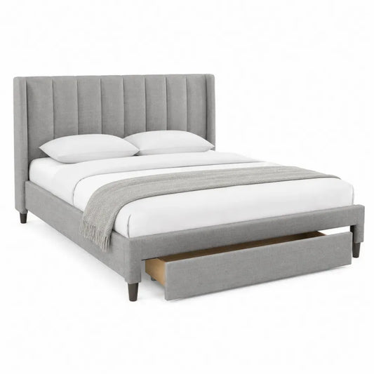 Cama doble tapizada con almacenamiento en tela gris 200x160 cm