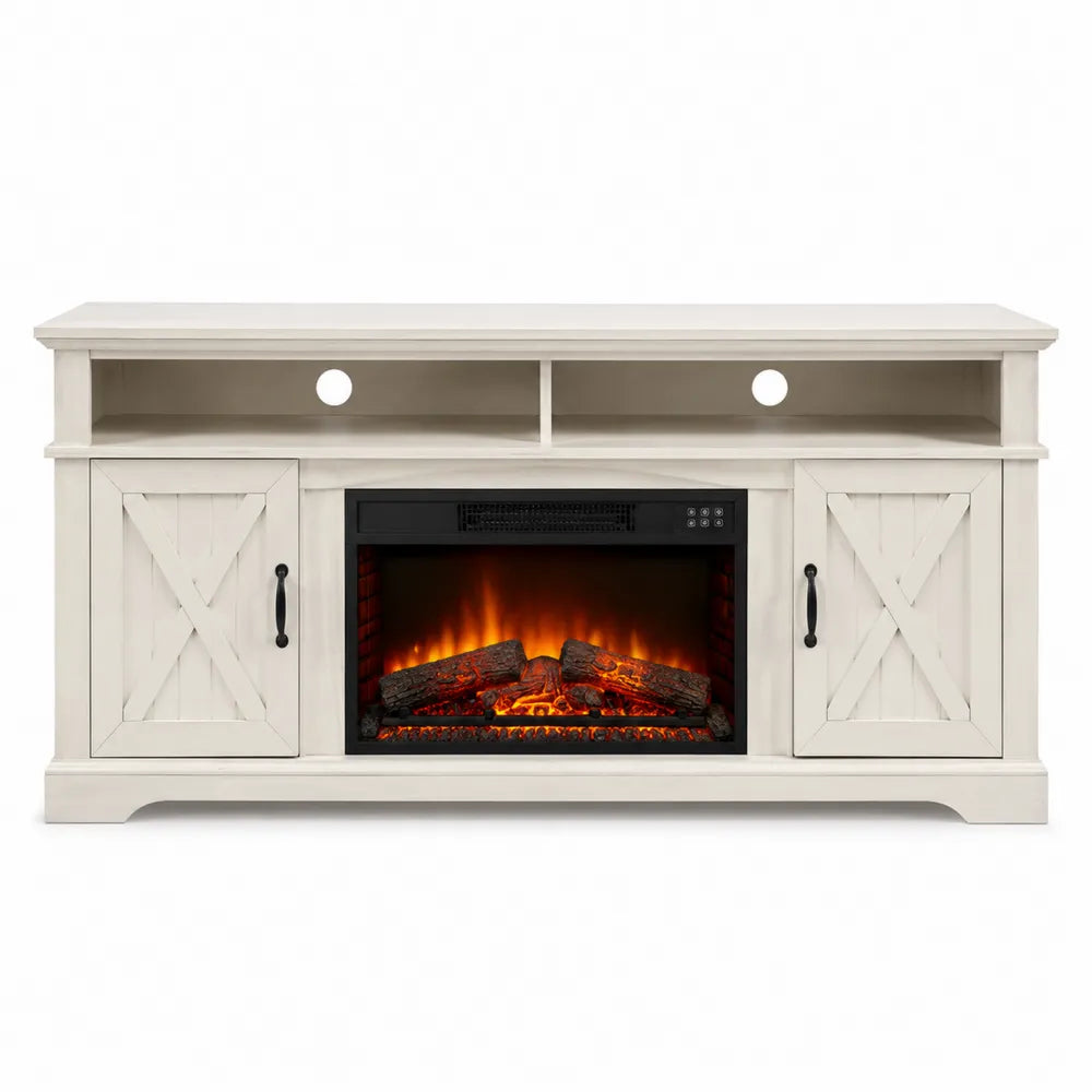 Mueble de TV con chimenea eléctrica de madera y metal blanco
