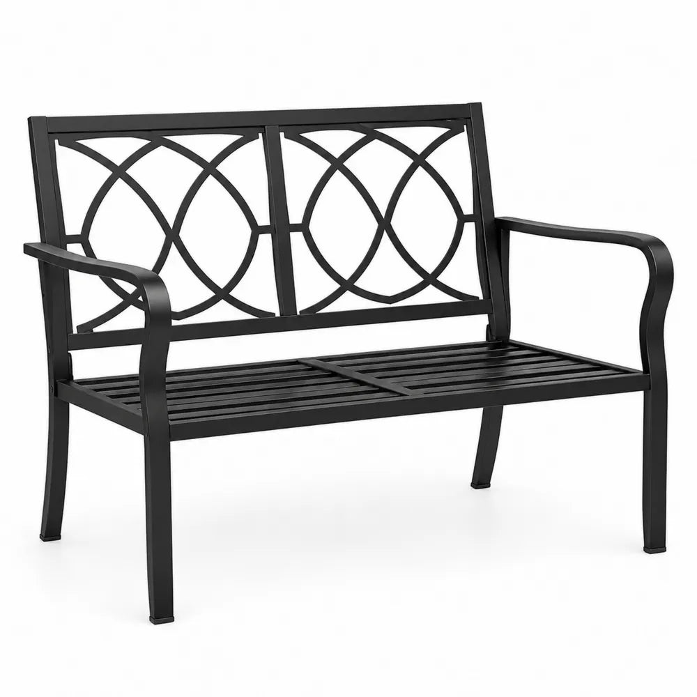 Banco de metal negro con respaldo decorativo de 125 cm
