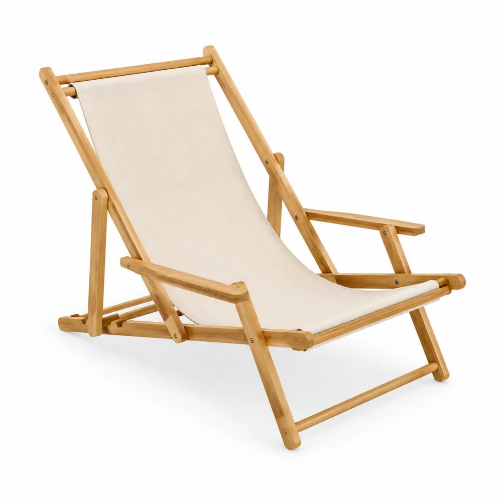 Silla tumbona de madera de acacia y tela de poliéster beige 160x60x75 cm