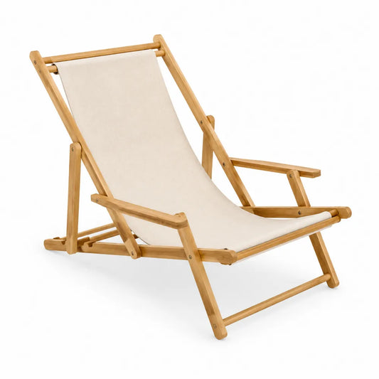 Silla tumbona de madera de acacia y tela de poliéster beige 160x60x75 cm