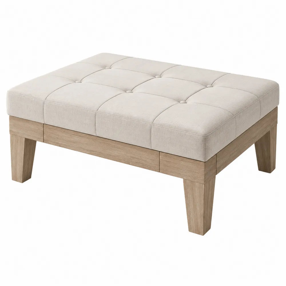 Banco tapizado en lino beige con estructura de madera de roble