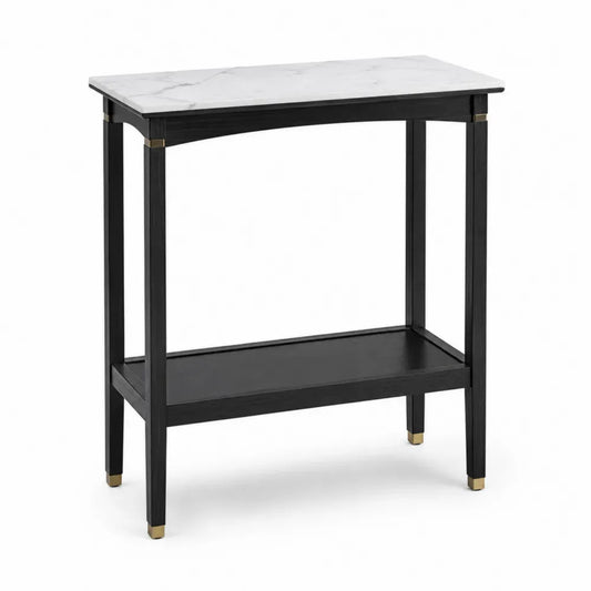 Mesa consola de mármol y madera negra, 80x30x80 cm