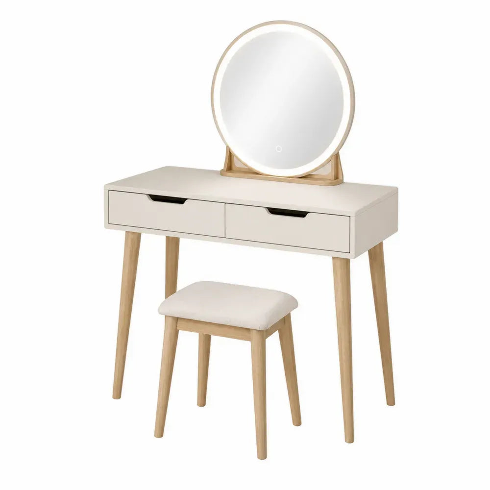 Tocador de Madera con Espejo LED Integrado y Taburete en Blanco