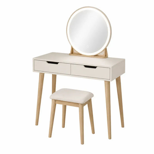 Tocador de Madera con Espejo LED Integrado y Taburete en Blanco