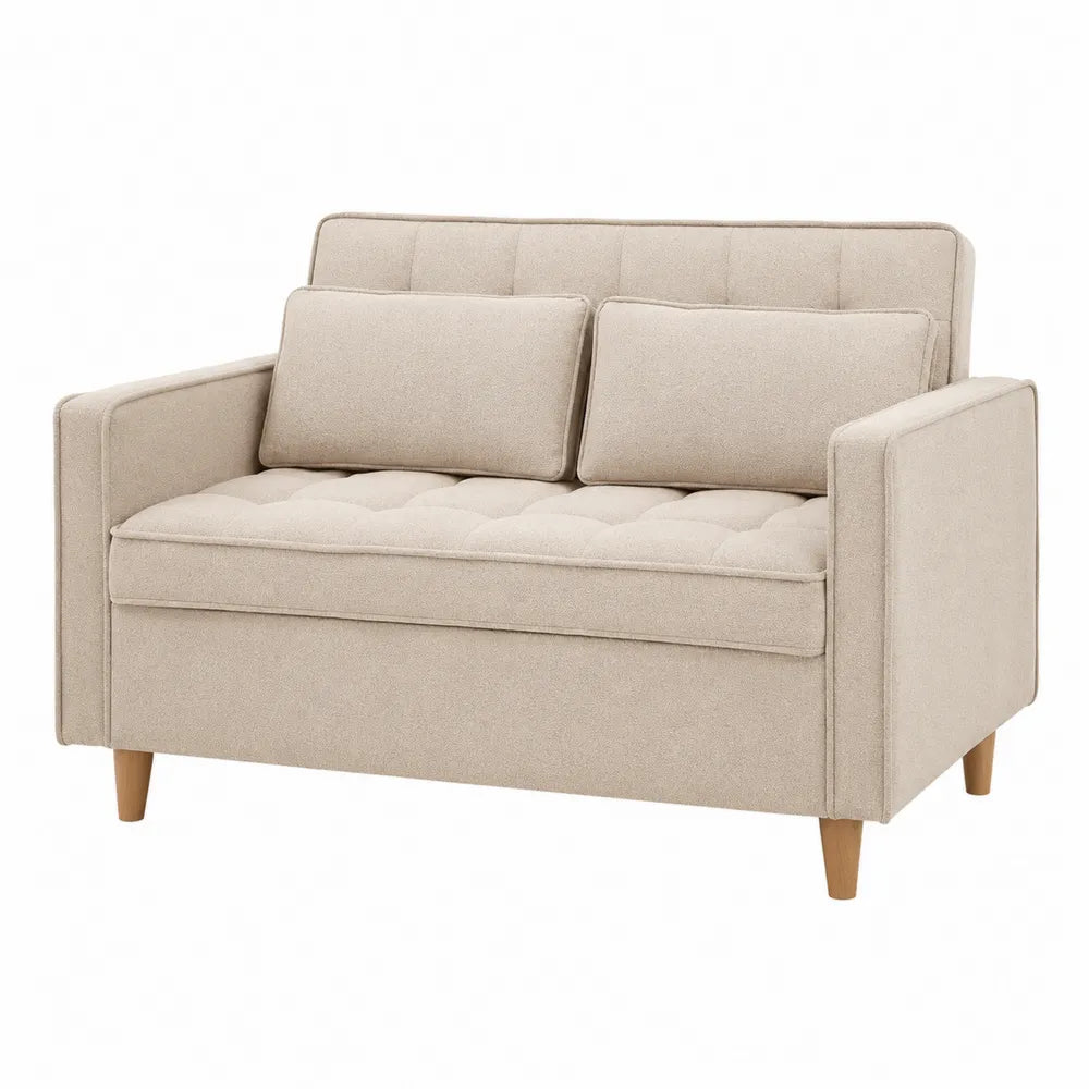 Sofá de dos plazas de poliéster beige con patas de madera